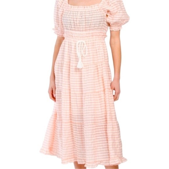 MOON RIVER Puff Sleeve Midi Beach Coverup Dress-Pink Stripe Size S - Picture 1 of 8